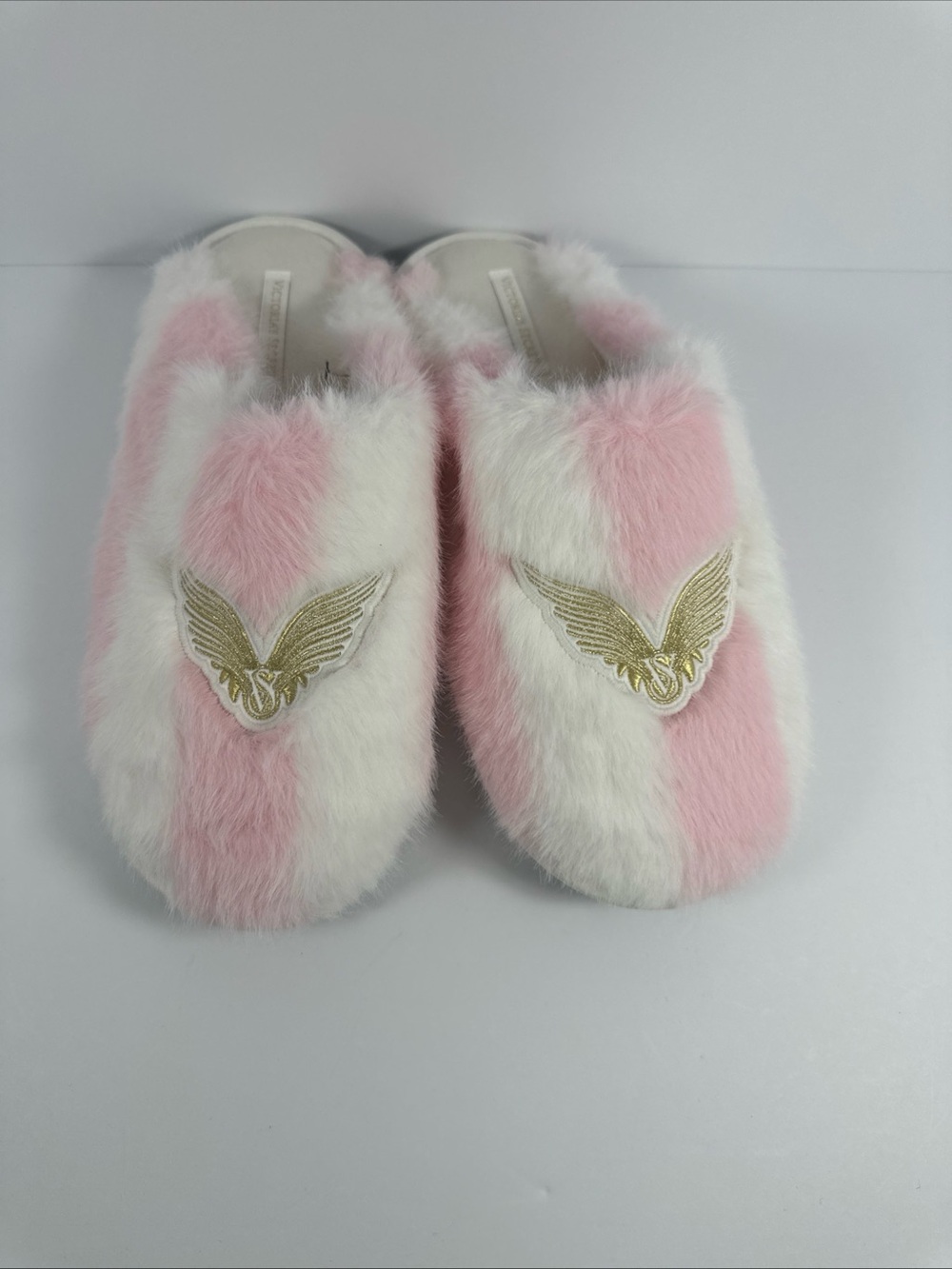 Victoria's Secret Pink and White Faux Fur Slip-On Slippers with Gold Wing Patch